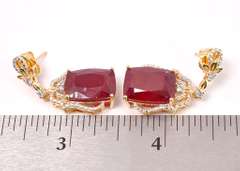 Amazing 21.55CTW Ruby & 0.28CTW Diamond Earrings in Gold Plated Sterling Silver