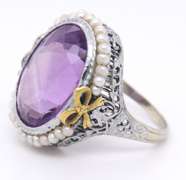 Antique White Gold Amethyst and Pearl Ring