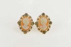 14K Yellow Gold Arts & Crafts Carved Shell Cameo Statement Earrings