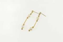 14K Yellow Gold Pearl Beaded Bar Dangle Statement Earrings