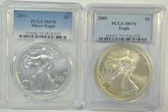 PCGS MS70 graded 2009 & 2015 $1 American silver Eagle coins