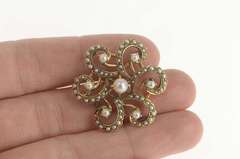 18K Yellow Gold Victorian Seed Pearl Flower Snowflake Pendant/Pin