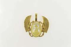 14K Yellow Gold Iridescent Glass Scarab Egyptian Life Symbol Pendant