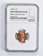 Error MS66 RD 1969-S Lincoln Memorial Cent Triple Curved Clips NGC
