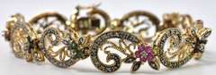 Ornate Vermeil Bracelet With Sapphire Ruby and Emerald Flowers