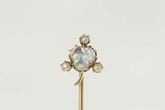 14K Yellow Gold Carved Moonstone Seed Pearl Flower Clover Stick Pin