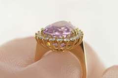 14K Yellow Gold 10.84 Ctw Pear Kunzite Diamond Halo Cocktail Ring