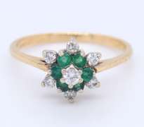 Fabulous Yellow Gold Flower Style Emerald and Diamond Ring