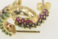 14K Yellow Gold Emerald Ruby Sapphire Encrusted Semi Hoop Earrings