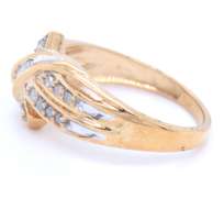 Beautiful Yellow Gold Channel Set, Baguette and Round Cut Diamond Bow Ring