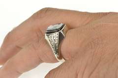 10K White Gold Art Deco Black Onyx Cameo Men's Etched Ring