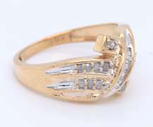 Beautiful Yellow Gold Channel Set, Baguette and Round Cut Diamond Bow Ring