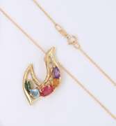 Elegant Yellow Gold Multi Shape Multi Gemstone Pendant on Chain