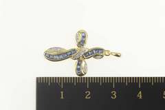 14K Yellow Gold Princess Sapphire Diamond Wavy Cross Pendant