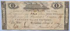 $1 Vermont Glass Factory 1814  Framers Bank Troy New York Branch Note