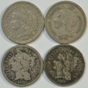 4 Diff. Three-Cent Nickels from 1865, 1870, 1871, & 1872