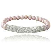 Pink Freshwater Cultured Pearl & Crystal Bar Stretch Bracelet