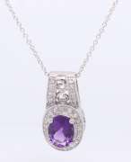 Handsome White Gold Amethyst and Diamond Filagree Pendant on Chain