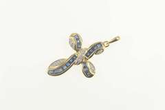 14K Yellow Gold Princess Sapphire Diamond Wavy Cross Pendant