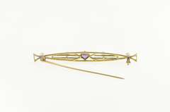 14K Yellow Gold Art Nouveau Princess Amethyst Pearl Bar Pin/Brooch