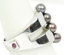 Designer Sterling Peacock Pearls Wide Ring, Size 9