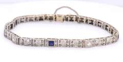 Vintage White Gold Art Deco Blue Sapphire and Diamond Station Bracelet
