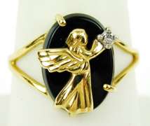 Vintage 10K Black Onyx & Diamond Angel Ring, 7.25
