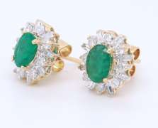 Powerful Yellow Gold Emerald w Baguette and RBC Halo Post Earrings