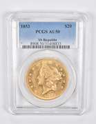 AU50 1853 $20 Liberty Gold Double Eagle PCGS SS Republic Shipwreck