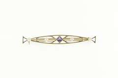 14K Yellow Gold Art Nouveau Princess Amethyst Pearl Bar Pin/Brooch