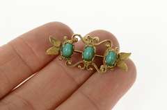 14K Yellow Gold Oval Turquoise Retro Leaf Scroll Bar Pin/Brooch