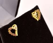 Beautiful Diamond and Ruby Heart Earrings in 14K Yellow Gold