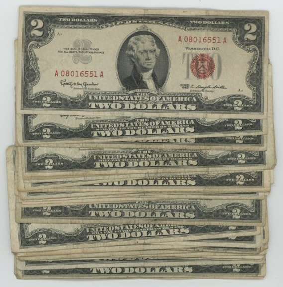 Lot of 30 mixed 1953 & 1963 Series $2 Red Seal Notes. Circs