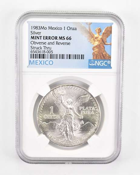 Error MS66 1983 Mo Mexico 1 Silver Onza OBV & REV Struck Thru - NGC