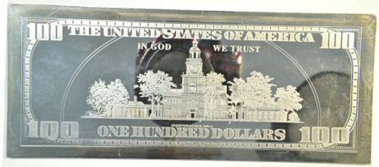 Pure .999 fine Silver $100 Facsimile 4 Troy Oz bar