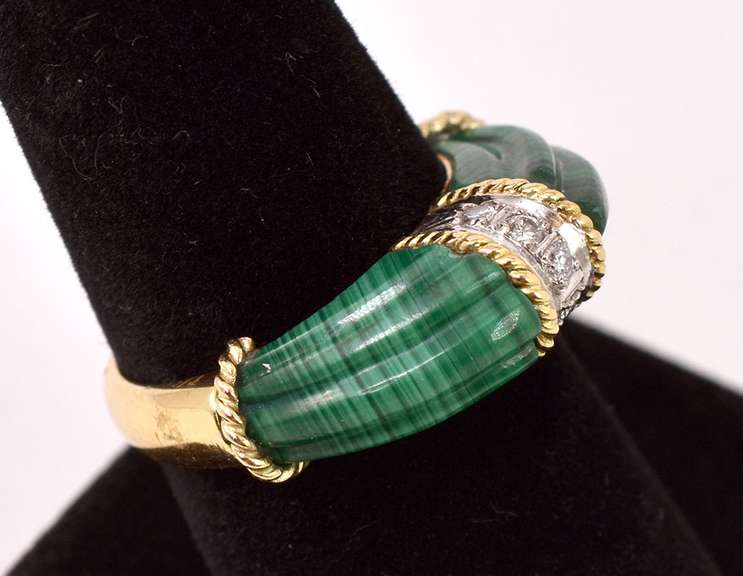 Magnificent Malachite and Diamond Ring in 18K Yellow Gold