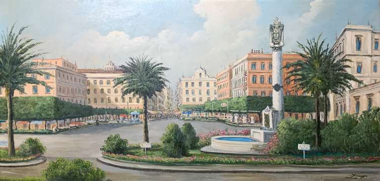 Original Oil on Canvas Plaza Scenery
