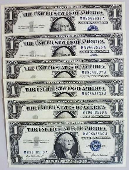 (6) Gem Crisp 1957 $1 Silver Certificates-Consecutive!