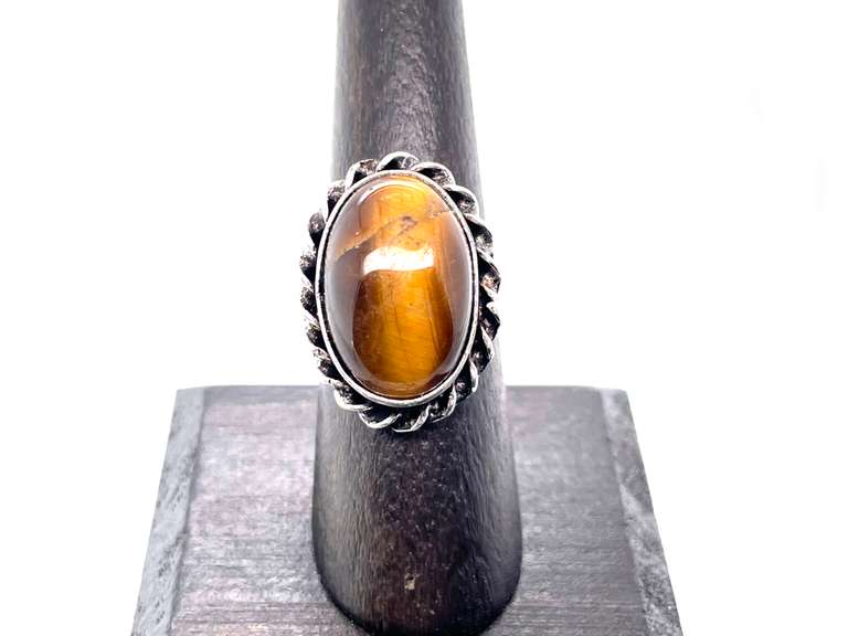 Petite Tiger's Eye in Rope Design Tibetan Silver Ring
