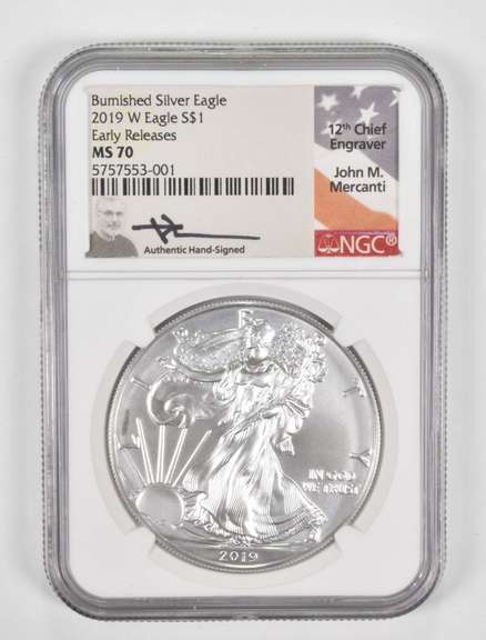 MS70 2019-W American Burnished Silver Eagle Early Releases Signed NGC