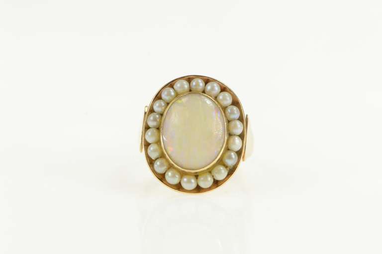 14K Yellow Gold Victorian Natural Opal Pearl Halo Cocktail Ring