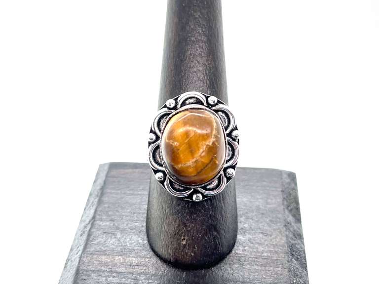 Petite Tiger's Eye in Ornate Floral Energy Design Tibetan Silver Ring