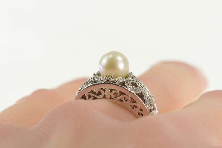 10K White Gold Pearl Filigree Diamond Scroll Engagement Ring