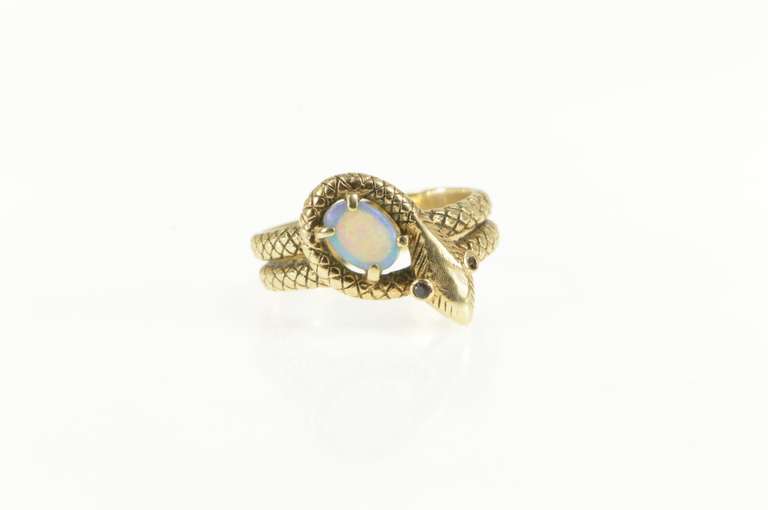 10K Yellow Gold Ornate Natural Opal Snake Serpent Wrap Ring