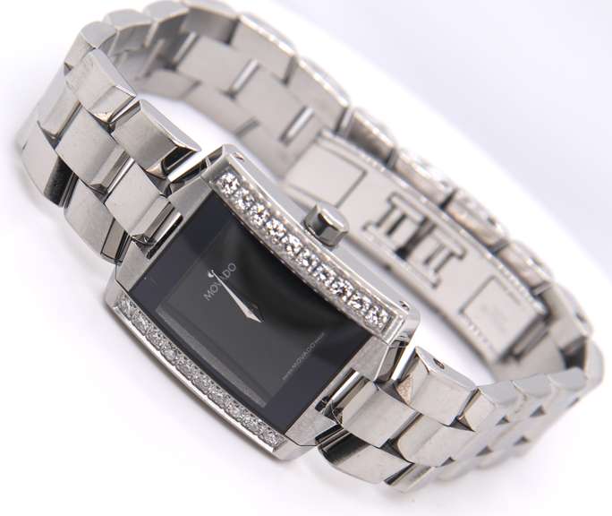 Movado Black Diamond Stainless Steel Elio 22mm Watch
