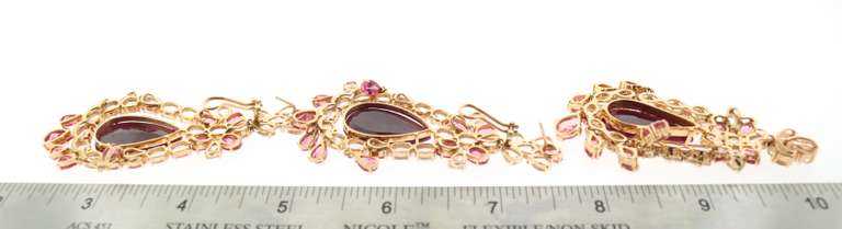 Royal hand made 18k Gold Ruby and Tourmaline and Topaz Estate Earring & Pendant Chandellier Style Jewelry Suite Set
