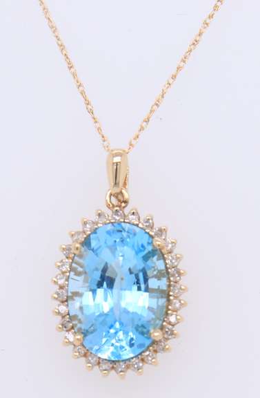 Favorite Yellow Gold Blue Topaz and Diamond Pendant on Chain
