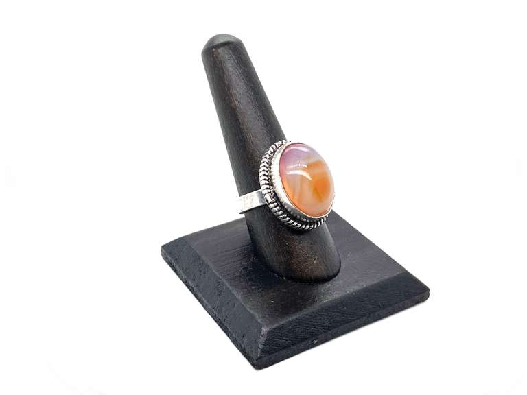 Oval Orange & White Agate Tibetan Silver Ring