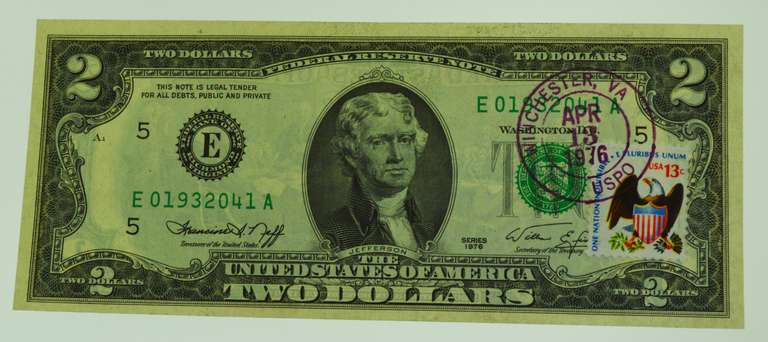 1976 Uncirculated Two Dollar Bill With April 1976 Post Mark Eagle Stamp