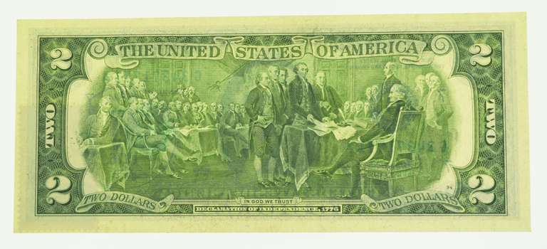 1976 First Day Issue Bicentennial UNC $2 Dollar Bill With Cancellation Stamp